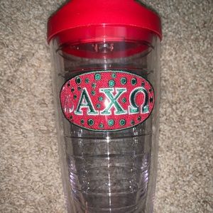 AXO cup, gold glitter letters, hat and sticker